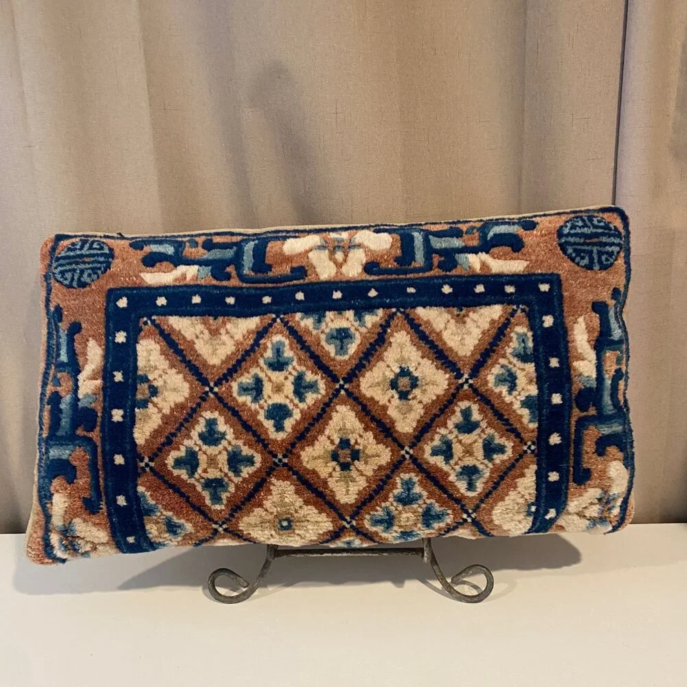 Vintage Turkish Wool Carpet Pillow 24x14‎ Handwoven Blue Brown Accent